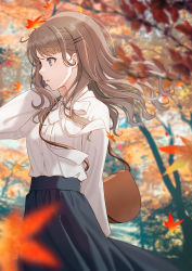 Rule 34 | 1girl, arm behind back, autumn, autumn leaves, bag, black skirt, blurry, blurry foreground, bow, bowtie, brown bag, commentary, cowboy shot, day, depth of field, falling leaves, from side, hair ornament, hairclip, highres, hyuuga azuri, leaf, long hair, long sleeves, maple leaf, open mouth, original, outdoors, shirt tucked in, skirt, solo, symbol-only commentary, tree, white bow
