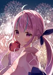 Rule 34 | 1girl, :3, absurdres, ahoge, blue hair, blurry, blurry background, braid, candy, candy apple, chino0803, drill hair, fireworks, food, french braid, hair ribbon, highres, holding, holding candy, holding food, hololive, japanese clothes, kimono, long hair, looking at viewer, minato aqua, multicolored hair, night, night sky, obi, outdoors, pink hair, purple eyes, ribbon, sash, sky, star (sky), starry sky, virtual youtuber