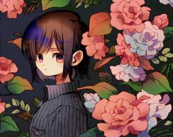 Rule 34 | 1girl, breast pocket, brown hair, closed mouth, collared shirt, expressionless, flower, from side, grey background, grey flower, grey rose, ka (marukogedago), looking at viewer, looking to the side, original, pocket, red eyes, red flower, red rose, rose, shirt, short hair, solo, upper body, wing collar