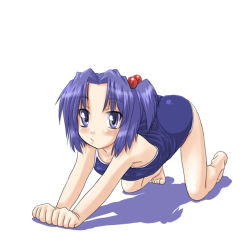Rule 34 | 1girl, 98se-tan, all fours, barefoot, blue eyes, blue hair, dd (ijigendd), flat chest, hair bobbles, hair ornament, matching hair/eyes, one-piece swimsuit, os-tan, own hands together, school swimsuit, simple background, solo, swimsuit, white background