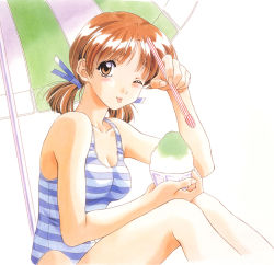 Rule 34 | 1990s (style), 1girl, ;p, beach umbrella, blouse, blue one-piece swimsuit, blush, breasts, brown eyes, brown hair, cleavage, cup, food, from side, holding, holding cup, kai tomohisa, looking at viewer, official art, one-piece swimsuit, one eye closed, painting (medium), parted bangs, retro artstyle, sentimental graffiti, shaved ice, shirt, short hair, short twintails, simple background, sitting, small breasts, solo, striped clothes, striped one-piece swimsuit, striped shirt, swimsuit, tongue, tongue out, traditional media, twintails, umbrella, watercolor (medium), white background, white one-piece swimsuit