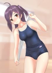 Rule 34 | 1girl, absurdres, ahoge, blue buruma, blue one-piece swimsuit, blurry, buruma, competition school swimsuit, cowboy shot, day, depth of field, from side, hagikaze (kancolle), highres, indoors, kantai collection, leaning to the side, light smile, long hair, looking at viewer, one-piece swimsuit, one side up, parted bangs, parted lips, purple hair, school swimsuit, solo, standing, swimsuit, swimsuit under clothes, takafumi, towel, white towel, yellow eyes