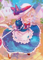 Rule 34 | 1girl, apron, blonde hair, blue dress, bow, brown footwear, dress, frilled apron, frills, hat, hat bow, highres, kana anaberal, kotonoman, open mouth, puffy short sleeves, puffy sleeves, red bow, road sign, short sleeves, sign, sun hat, touhou, touhou (pc-98), white apron, white hair, yellow eyes