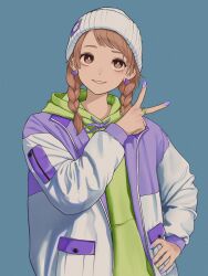 Rule 34 | 1girl, absurdres, asada asahi, asymmetrical bangs, blue background, braid, bright pupils, brown eyes, brown hair, character request, copyright request, cropped legs, earrings, green hoodie, green nails, hand on own hip, hat, highres, hood, hoodie, jacket, jewelry, looking up, purple nails, ring, smile, swept bangs, twin braids, v, virtual youtuber, white hat, white pupils, winter hat