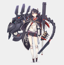 Rule 34 | 1girl, arms at sides, black hair, cape, full body, grey background, headgear, highres, long hair, looking at viewer, miniskirt, original, poco (asahi age), red eyes, shin guards, simple background, skirt, solo, standing, weapon