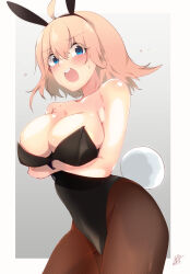 Rule 34 | 1girl, :o, absurdres, ahoge, alternate costume, animal ears, azur lane, blonde hair, blue eyes, blush, breasts, chiru (218mg), cleavage, commentary request, cowboy shot, crossed arms, crying, crying with eyes open, fake animal ears, fishnet pantyhose, fishnets, gradient background, grey background, highres, large breasts, leotard, looking at viewer, oklahoma (azur lane), pantyhose, playboy bunny, rabbit ears, rabbit tail, short hair, signature, solo, tail, tears, white background