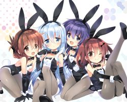 Rule 34 | 4girls, akatsuki (kancolle), animal ears, black footwear, black gloves, black legwear, blue eyes, bow, bowtie, breasts, brown eyes, brown hair, commentary request, detached collar, elbow gloves, fake animal ears, folded ponytail, gloves, hair between eyes, hibiki (kancolle), highres, hizuki yayoi, ikazuchi (kancolle), inazuma (kancolle), kantai collection, long hair, looking at viewer, multicolored background, multiple girls, one eye closed, open mouth, pantyhose, playboy bunny, purple eyes, purple hair, rabbit ears, rabbit tail, short hair, silver hair, sitting, small breasts, smile, tail, wrist cuffs