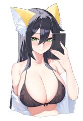 1girl animal_ear_fluff animal_ears bare_shoulders black_bra black_hair blush bow bow_bra bra breasts cleavage green_eyes highres holding holding_phone kono_(xerondan321) large_breasts light_smile long_hair looking_at_viewer open_clothes open_shirt original phone shirt solo underwear upper_body white_background white_shirt