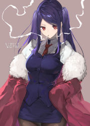 Rule 34 | 1girl, absurdres, bad id, bad twitter id, breasts, cigarette, copyright name, cowboy shot, fur-trimmed jacket, fur trim, hands in pockets, highres, inumata ichini, jacket, jill stingray, long hair, long sleeves, necktie, off shoulder, open clothes, open jacket, pantyhose, purple hair, red eyes, red jacket, shirt, sidelocks, simple background, skirt, smoke trail, smoking, solo, swept bangs, twintails, twintails day, va-11 hall-a, vest, white shirt