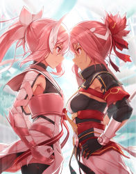 Rule 34 | 2girls, absurdres, akamine yuuna, ass, black gloves, breast contest, breasts, commentary request, eye contact, from side, gloves, hair between eyes, hair ornament, hair ribbon, hand on own hip, high ponytail, highres, long hair, looking at another, medium breasts, michairu, multiple girls, pink hair, red eyes, red ribbon, ribbon, sailor collar, short ponytail, sideboob, smile, standing, white gloves, yuuki yuuna, yuuki yuuna wa yuusha de aru, yuuki yuuna wa yuusha de aru: hanayui no kirameki, yuusha de aru