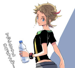 Rule 34 | 1boy, alternate costume, bad id, bad pixiv id, black shirt, blue eyes, bottle, bracelet, brendan (pokemon), brown hair, commentary request, creatures (company), game freak, hair ribbon, holding, holding bottle, jewelry, male focus, nintendo, parted lips, pokemon, pokemon oras, red ribbon, ribbon, shirt, short hair, short sleeves, solo, sweat, t-shirt, translation request, water bottle, xichii, yellow ribbon