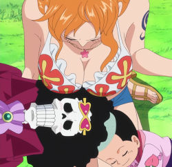 Rule 34 | 1girl, 2boys, black hair, blush, breasts, brook (one piece), cleavage, closed eyes, dressrosa, from above, highres, jewelry, kouzuki momonosuke, large breasts, long hair, multiple boys, nami (one piece), necklace, one piece, orange hair, sandals, screencap, skeleton, stitched, tattoo, third-party edit, thousand sunny, view between breasts