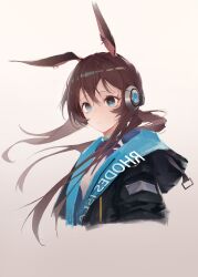 Rule 34 | 1girl, absurdres, amiya (arknights), animal ear fluff, animal ears, arknights, black jacket, blue eyes, brown background, brown hair, closed mouth, commentary request, cropped torso, hair between eyes, highres, hood, hood down, hooded jacket, jacket, long hair, lxc, open clothes, open jacket, ponytail, rabbit ears, shirt, solo, unaligned ears, upper body, white shirt