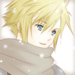 Rule 34 | 1boy, armor, blonde hair, blue eyes, cloud strife, crisis core final fantasy vii, final fantasy, final fantasy vii, hair between eyes, looking to the side, lowres, male focus, parted lips, poyon, scarf, shinra infantry uniform, short hair, shoulder armor, smile, snowing, solo, spiked hair, square enix, upper body