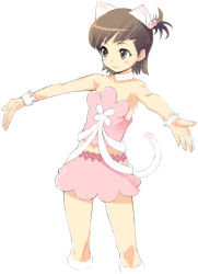 Rule 34 | 00s, 1girl, animal ears, brown eyes, brown hair, cat ears, cat tail, costume, cuffs, cute &amp; girly (idolmaster), futami mami, idolmaster, idolmaster (classic), idolmaster 1, kawata hisashi, kneehighs, midriff, outstretched arms, ponytail, short hair, side ponytail, skirt, socks, solo, spread arms, tail, white background