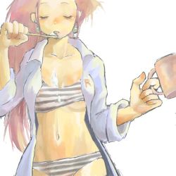 Rule 34 | 1girl, artist request, creatures (company), cup, earrings, eyelashes, closed eyes, game freak, jessie (pokemon), jewelry, long hair, navel, nintendo, open clothes, open shirt, pajamas, pokemon, pokemon (anime), red hair, shirt, sleepy, sleeves rolled up, solo, striped, team rocket, toothbrush, toothpaste