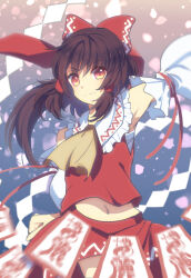 Rule 34 | 1girl, arm up, armpits, blurry, blurry foreground, bow, brown eyes, brown hair, closed mouth, detached sleeves, frilled bow, frills, hair bow, hakurei reimu, highres, long hair, looking at viewer, navel, nayozane (worker7), neckerchief, nontraditional miko, ofuda, red bow, red shirt, red skirt, sailor collar, sarashi, shirt, sidelocks, skirt, solo, stomach, touhou, white sleeves, yellow neckerchief, yin yang