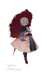 Rule 34 | 1girl, alternate costume, blue hair, boots, character name, cloak, cross-laced footwear, dress, english text, flower, frills, full body, gloves, holding, holding flower, holding umbrella, lace-up boots, layered dress, long sleeves, looking to the side, no headwear, no headwear, parasol, petticoat, red eyes, red flower, red legwear, red rose, rei (sanbonzakura), remilia scarlet, rose, shade, short hair, simple background, solo, standing, star (symbol), text focus, touhou, umbrella, white background