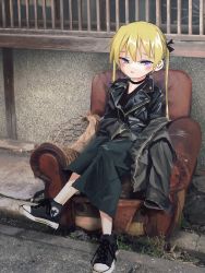 Rule 34 | 1girl, absurdres, armchair, bad id, bad twitter id, black choker, black footwear, black jacket, black skirt, blush, chair, choker, closed mouth, converse, gishiki (gshk), highres, jacket, kill me baby, leather, leather jacket, looking at viewer, purple eyes, shoes, sitting, skirt, solo, sonya (kill me baby), twintails