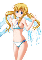 Rule 34 | 10s, 1girl, amagi brilliant park, blonde hair, blue eyes, blush, breasts, covered erect nipples, highres, kaze makase, latifa fleuranza, long hair, looking at viewer, low twintails, small breasts, solo, swimsuit, twintails, water drop, wet