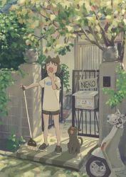 Rule 34 | 1girl, animal ears, animal print, black hair, black shorts, broom, cat, cat ears, closed eyes, covering own mouth, crocs, fang, fish print, highres, house, mailbox (incoming mail), motor vehicle, nerio (neri akira), original, outdoors, scooter, short hair, shorts, standing, tree, yawning