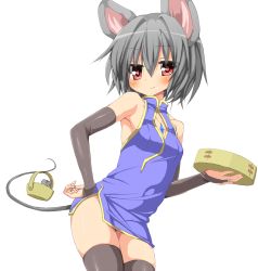 Rule 34 | 1girl, alternate costume, animal, animal ears, armpits, bamboo steamer, black thighhighs, blue dress, blush, bridal gauntlets, dress, gloves, greatmosu, grey hair, jewelry, looking at viewer, mouse (animal), mouse ears, mouse tail, nazrin, necklace, petite, red eyes, short hair, simple background, sleeveless, smile, solo, tail, thighhighs, touhou, turtleneck, white background