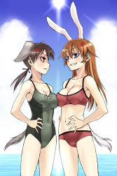 Rule 34 | 00s, 2girls, anger vein, animal ears, asymmetrical docking, bikini, blue eyes, breast envy, breast press, breasts, brown eyes, brown hair, charlotte e. yeager, cleavage, cloud, covered erect nipples, cowboy shot, day, dog ears, eyebrows hidden by hair, gertrud barkhorn, grin, hair ribbon, hands on own hips, highres, large breasts, long hair, multiple girls, one-piece swimsuit, rabbit ears, rabbit girl, ribbon, satou atsuki, shaded face, smile, strike witches, sun, sunlight, swimsuit, tail, twintails, water, world witches series