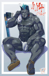 Rule 34 | 1boy, abs, another eidos-r, aqua hair, arm on thigh, bara, bare legs, blue hair, border, character name, colored skin, covered penis, cross scar, demon boy, demon horns, drying, drying body, earrings, facial hair, full body, fundoshi, gradient background, grey skin, habaki (another eidos), heart, highres, hoe, holding, holding towel, horns, japanese clothes, jewelry, long sideburns, looking at viewer, male focus, multicolored hair, muscular, muscular male, navel, navel hair, nipples, no eyebrows, notice lines, pointy ears, red hair, scar, scar on arm, scar on chin, scar on face, scar on forehead, scar on leg, scar on shoulder, sideburns, signature, single earring, sitting, solo, sparse arm hair, sparse chest hair, sparse leg hair, topless male, toratora (toratorayatora), towel, tusks, veins, veiny arms, waraji, wet, wet clothes, wet fundoshi, white border