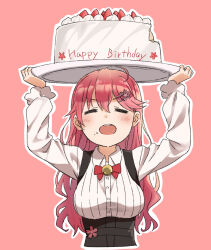 Rule 34 | 1girl, ahoge, birthday cake, breasts, cake, carrying overhead, closed eyes, cropped torso, delf, food, food on face, hair ornament, hairclip, happy birthday, highres, hololive, large breasts, long hair, long sleeves, outline, pink background, pink hair, sakura miko, sakura miko (casual), solo, upper body, virtual youtuber