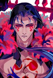 1boy, blue hair, bodypaint, closed mouth, cu chulainn (fate) (all), cu chulainn alter (fate/grand order), dark persona, earrings, epaya hakase, facepaint, fang, fate/grand order, fate (series), floating hair, fur, gae bolg (fate), highres, holding, holding polearm, holding weapon, hood, hood up, jewelry, lancer, long hair, looking to the side, male focus, muscular, muscular male, polearm, ponytail, red eyes, shirtless, solo, spikes, weapon