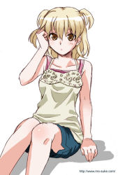 Rule 34 | 1girl, adjusting hair, bare arms, bare shoulders, blonde hair, brown eyes, camisole, collarbone, mattaku mousuke, original, short twintails, shorts, sitting, solo, twintails, two side up, watermark, web address