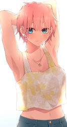 Rule 34 | 1girl, absurdres, alternate hairstyle, arms behind head, blue eyes, blue pants, blush, braid, collarbone, commentary request, earrings, go-toubun no hanayome, heart, heart necklace, highres, jewelry, midriff, nakano ichika, necklace, pants, pink hair, shirt, short hair, side braid, sleeveless, sleeveless shirt, solo, tamago sando, upper body, white background, white shirt