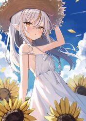 Rule 34 | 1girl, absurdres, blush, breasts, cloud, cloudy sky, cowboy shot, day, dress, falling petals, floating hair, floral background, flower, grey hair, hair between eyes, hand on headwear, hat, highres, long hair, multicolored hair, off shoulder, okiq, orange hair, original, parted lips, petals, pointy ears, sideboob, sky, small breasts, solo, spaghetti strap, straight hair, straw hat, sunflower, sunlight, sweatdrop, two-tone hair, white dress, wind, yellow eyes