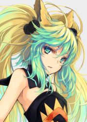 Rule 34 | 1girl, animal ears, atalanta (fate), black dress, blonde hair, detached collar, dress, fate/grand order, fate (series), gradient hair, green eyes, green hair, hair ornament, looking at viewer, multicolored hair, otogi kyouka, parted lips, sidelocks, simple background, solo, strapless, strapless dress, twintails, upper body, white background