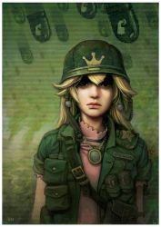 Rule 34 | 1girl, amulet, bags under eyes, ben newman, bomb, border, bullet bill, character name, dress, earrings, explosive, expressionless, flak jacket, gradient background, hair between eyes, helmet, jacket, jewelry, lips, mario (series), nintendo, nose, pink dress, princess peach, realistic, soldier, solo, two-thousand-yard stare, upper body, war
