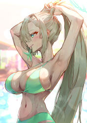 Rule 34 | 1girl, absurdres, alternate costume, armpits, arms up, asuna (blue archive), bikini, blue archive, blurry, blush, bokeh, breasts, depth of field, green bikini, hair tie, hair tie in mouth, halo, halterneck, highres, holding, holding own hair, huge breasts, jhigf, long hair, looking ahead, mouth hold, narrow waist, navel, outdoors, ponytail, pool, profile, solo, stomach, swimsuit, tying hair, very long hair