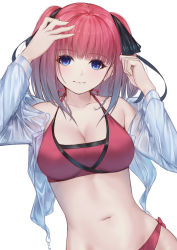 Rule 34 | 1girl, arms up, bare shoulders, bikini, blue eyes, blue hair, blue shirt, blunt bangs, breasts, butterfly hair ornament, character request, check character, cleavage, closed mouth, collarbone, commentary, go-toubun no hanayome, gradient hair, hair ornament, large breasts, long sleeves, mari (doraerin0), medium hair, multicolored hair, nakano nino, navel, off shoulder, open clothes, open shirt, red bikini, red hair, see-through, shirt, smile, solo, stomach, swimsuit, two side up, upper body