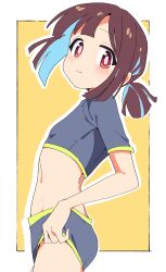 Rule 34 | 1girl, bare arms, blue hair, blunt bangs, blunt ends, border, bright pupils, brown eyes, brown hair, colored inner hair, commentary, cowboy shot, flat chest, from side, grey shirt, grey shorts, highres, hozuki momiji, leaning to the side, light blush, looking at viewer, looking to the side, midriff, multicolored hair, noyama takenoko, onii-chan wa oshimai!, outline, outside border, shirt, short hair, short ponytail, short sleeves, shorts, simple background, solo, two-tone hair, white border, white outline, yellow background