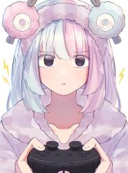 Rule 34 | 1girl, :t, alternate costume, black eyes, closed mouth, collarbone, commentary request, controller, creatures (company), fur jacket, game controller, game freak, hairband, hands up, highres, holding, holding controller, holding game controller, hood, hoodie, iono (pokemon), jacket, kana (kanna runa0620), lightning bolt symbol, looking at viewer, multicolored hair, nintendo, pink hair, pokemon, pokemon sv, pout, solo, two-tone hair, upper body, white background