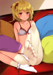 Rule 34 | 1girl, bare legs, barefoot, blonde hair, bow, bow bra, bra, breasts, collarbone, feet, flan (seeyouflan), flandre scarlet, foot focus, foreshortening, hair ribbon, highres, long toenails, looking at viewer, no shoes, panties, pillow, red eyes, red ribbon, ribbon, single sock, sitting, small breasts, smile, socks, soles, solo, toenails, toes, touhou, underwear, underwear only, white bra, white panties, white socks