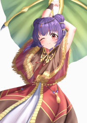 Rule 34 | 1girl, ;), absurdres, arm up, arms behind head, capelet, dragon girl, dragon wings, dress, fire emblem, fire emblem: the sacred stones, fire emblem heroes, hair ornament, highres, looking at viewer, mimi (mimi ganbaruzo), myrrh (fire emblem), nintendo, official alternate costume, one eye closed, purple hair, red eyes, smile, solo, twintails, white background, wings, wristband