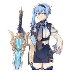 Rule 34 | 1girl, blue eyes, blue hair, breasts, cosplay, eula (genshin impact), eula (genshin impact) (cosplay), genshin impact, hololive, hoshimachi suisei, small breasts, solo, sword, tagme, thighhighs, thighs, virtual youtuber, weapon