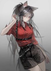 Rule 34 | 1girl, absurdres, animal ears, arknights, belt, black belt, black hair, black shorts, cigarette, collared shirt, cowboy shot, dress shirt, gradient background, grey background, hair between eyes, highres, holding, holding cigarette, long hair, looking at viewer, no jacket, official alternate costume, ponytail, qiangjitong, red eyes, red shirt, shirt, shorts, simple background, solo, striped clothes, striped shorts, tail, texas (arknights), texas (willpower) (arknights), vertical-striped clothes, vertical-striped shorts, very long hair, wolf ears, wolf tail