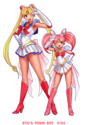 Rule 34 | 1990s (style), 2girls, age difference, bishoujo senshi sailor moon, bishoujo senshi sailor moon supers, blonde hair, blue eyes, blue sailor collar, boots, bow, brooch, chibi usa, child, choker, cone hair bun, double bun, earrings, elbow gloves, female focus, full body, gloves, hair bun, hand on own hip, heart, heart brooch, high heels, jewelry, knee boots, long hair, looking at viewer, magical girl, mother and daughter, multicolored clothes, multicolored skirt, multiple girls, one eye closed, pink eyes, pink footwear, pink hair, pleated skirt, red bow, retro artstyle, ryu (ryu&#039;s form site), sailor chibi moon, sailor collar, sailor moon, sailor senshi, school uniform, serafuku, shoes, short twintails, simple background, skirt, standing, super sailor chibi moon, super sailor moon, tiara, tsukino usagi, twintails, v, white background, white gloves, wink