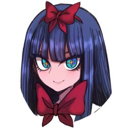 Rule 34 | 1girl, black souls, blue eyes, blue hair, bow, bowtie, chinese commentary, closed mouth, cross-shaped pupils, dark blue hair, hairband, koshou shou mitsu, long hair, mabel (black souls), orange pupils, portrait, red bow, red bowtie, red hairband, simple background, smile, solo, straight hair, symbol-shaped pupils, white background