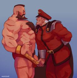 Rule 34 | 2boys, abs, armor, assisted exposure, bad id, bad twitter id, bara, beard, blush, body fur, chest hair, eye contact, facial hair, feet out of frame, from side, hat, highres, jacket, kepi, large pectorals, looking at another, m. bison, macho juice, male focus, male pubic hair, mature male, military, military hat, military uniform, mohawk, multiple boys, muscular, muscular male, nipples, pauldrons, pectorals, penis, penis peek, pubic hair, pulling another&#039;s clothes, red jacket, scar, scar on leg, seductive smile, short hair, shoulder armor, sideburns, smile, stomach, street fighter, thick thighs, thighs, topless male, undressing another, uniform, veins, veiny penis, white hair, wrestling outfit, yaoi, zangief