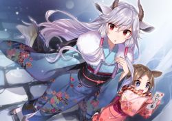 Rule 34 | + +, 2girls, :o, ahoge, animal ears, arms up, blue eyes, blue kimono, blurry, blush, brown hair, depth of field, dutch angle, floating hair, floral print, fur collar, furisode, hair between eyes, hair tubes, hand on own chest, holding, horns, japanese clothes, kimono, long hair, looking at viewer, multiple girls, new year, obi, open mouth, original, otoshidama, parted lips, pink kimono, red eyes, sandals, sash, shirako miso, smile, snow, socks, standing, swept bangs, teeth, thick eyebrows, white legwear