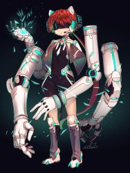 Rule 34 | 1girl, amputee, capelet, cyborg, detached arm, extra arms, female focus, full body, highres, mitake eil, original, parted lips, prosthesis, red hair, robot ears, science fiction, short hair, signature, solo, standing, visor