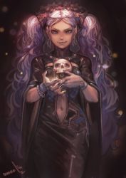 Rule 34 | 1girl, bracelet, clothing cutout, dress, earrings, female focus, fingernails, flower wreath, highres, holding, holding skull, jewelry, lipstick, long fingernails, looking at viewer, makeup, navel, navel cutout, nishiki areku, original, pointy ears, purple eyes, purple hair, skull, solo, twintails, witch
