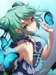 Rule 34 | 1girl, animal print, backless dress, backless outfit, bare shoulders, blue butterfly, blue dress, blue hair, bug, butterfly, butterfly print, double bun, dress, earrings, gradient hair, green hair, hair bun, hair ornament, hair ribbon, highres, hololive, insect, jewelry, looking at viewer, multicolored hair, off-shoulder dress, off shoulder, red eyes, ribbon, short hair, simple background, skull collar, skull earrings, skull hair ornament, solo, uruha rushia, uruha rushia (1st costume), virtual youtuber, yaki mayu